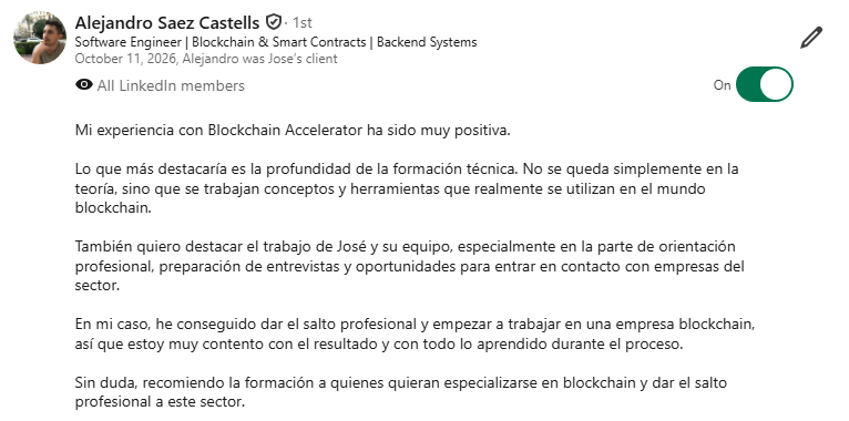 Recomendación en LinkedIn de Alejandro Saez Castells, Software Engineer · Blockchain & Smart Contracts · Backend Systems
