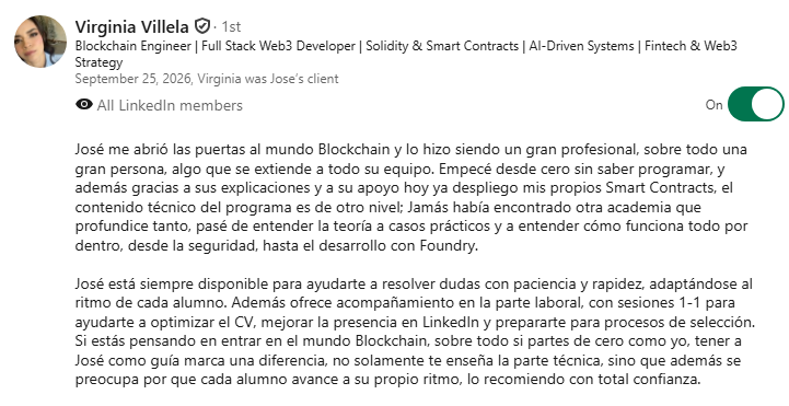 Recomendación en LinkedIn de Virginia Villela, Blockchain Engineer